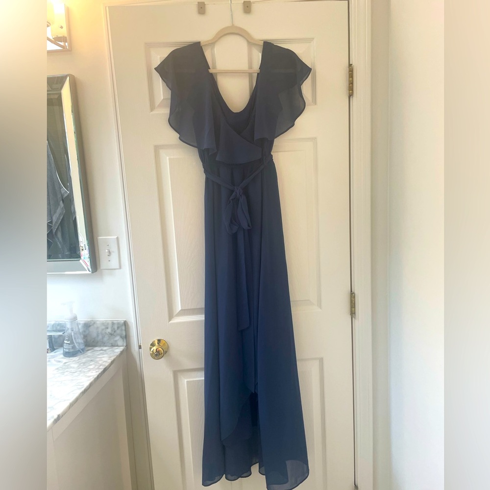Blue wrap dress.
